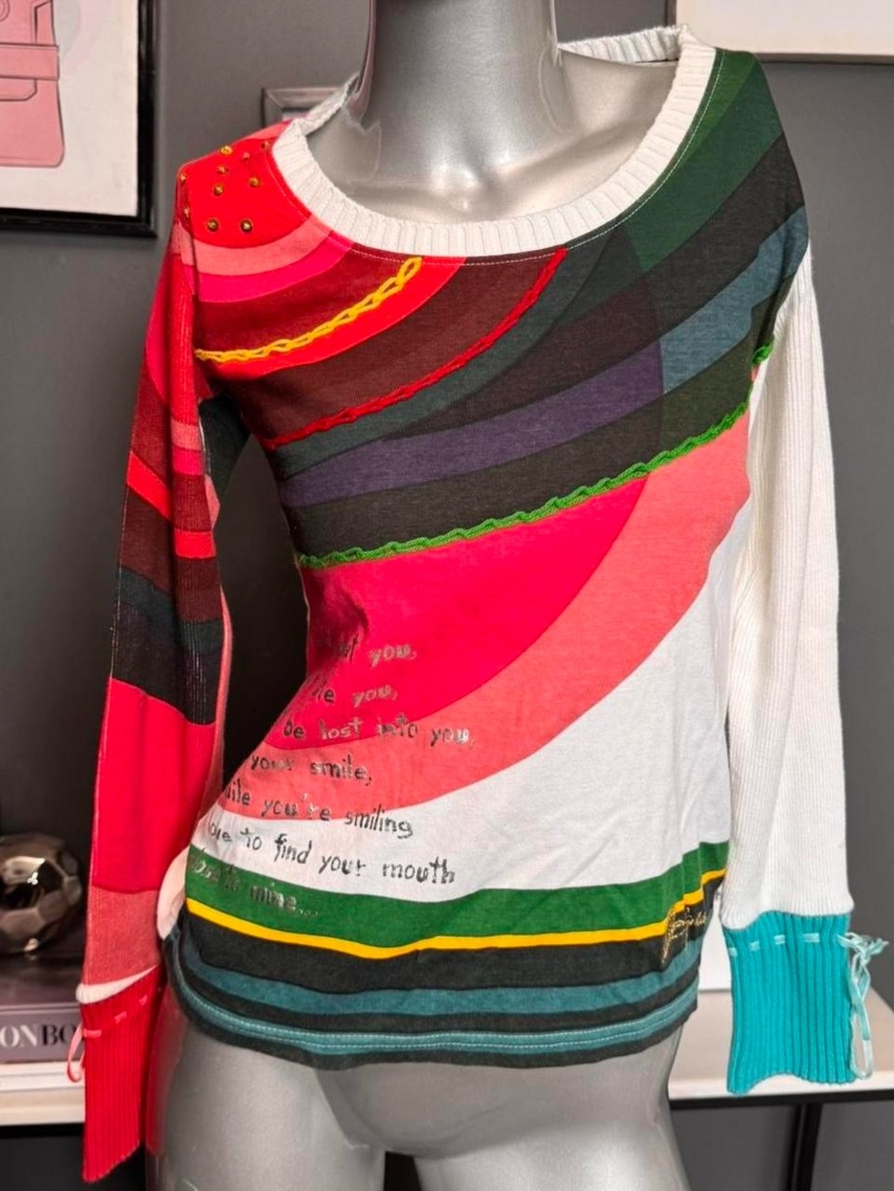 Desigual Y2K white and red striped long sleeve top with “I love to…” font